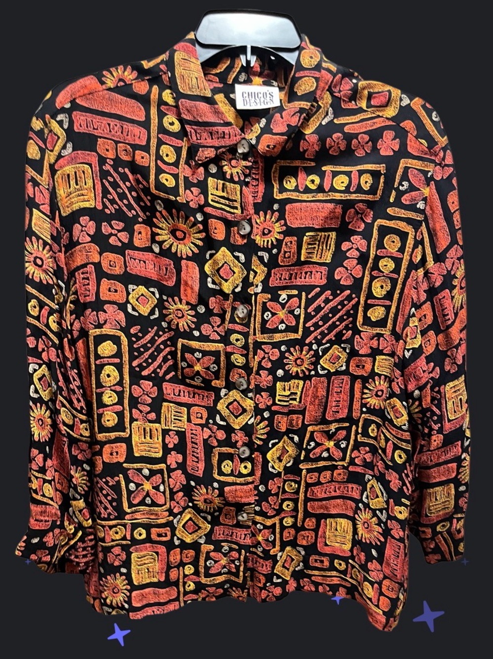 Chico's Black Button-Down Shirt with Orange & Yellow Geometric Print